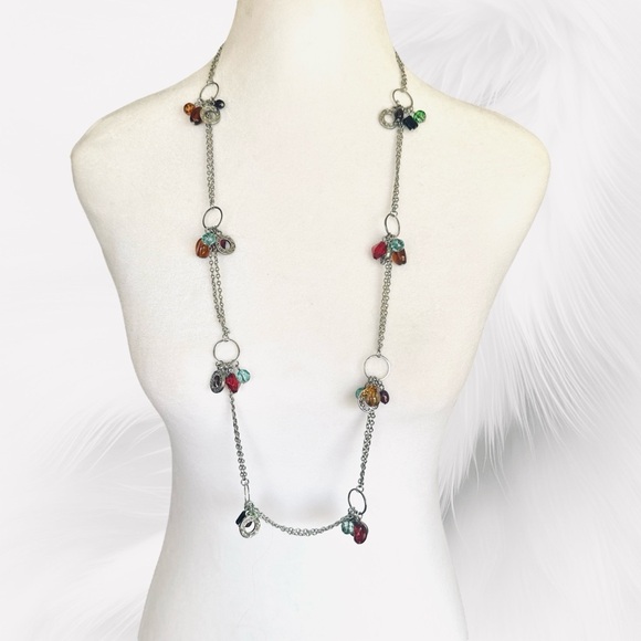 Chico's Red, Green, Purple and Silver Tone Necklace with Glass Beads and Charms - Picture 1 of 6